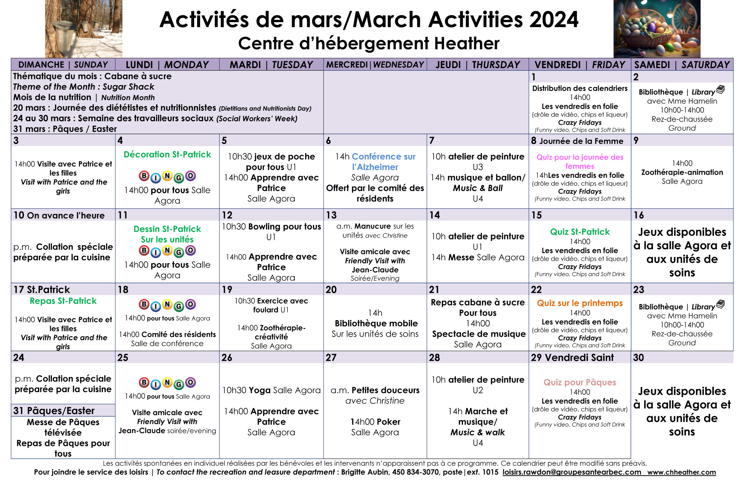Calendrier des loisirs du mois de mars 2024 pour les résidents du CHSLD Heather
