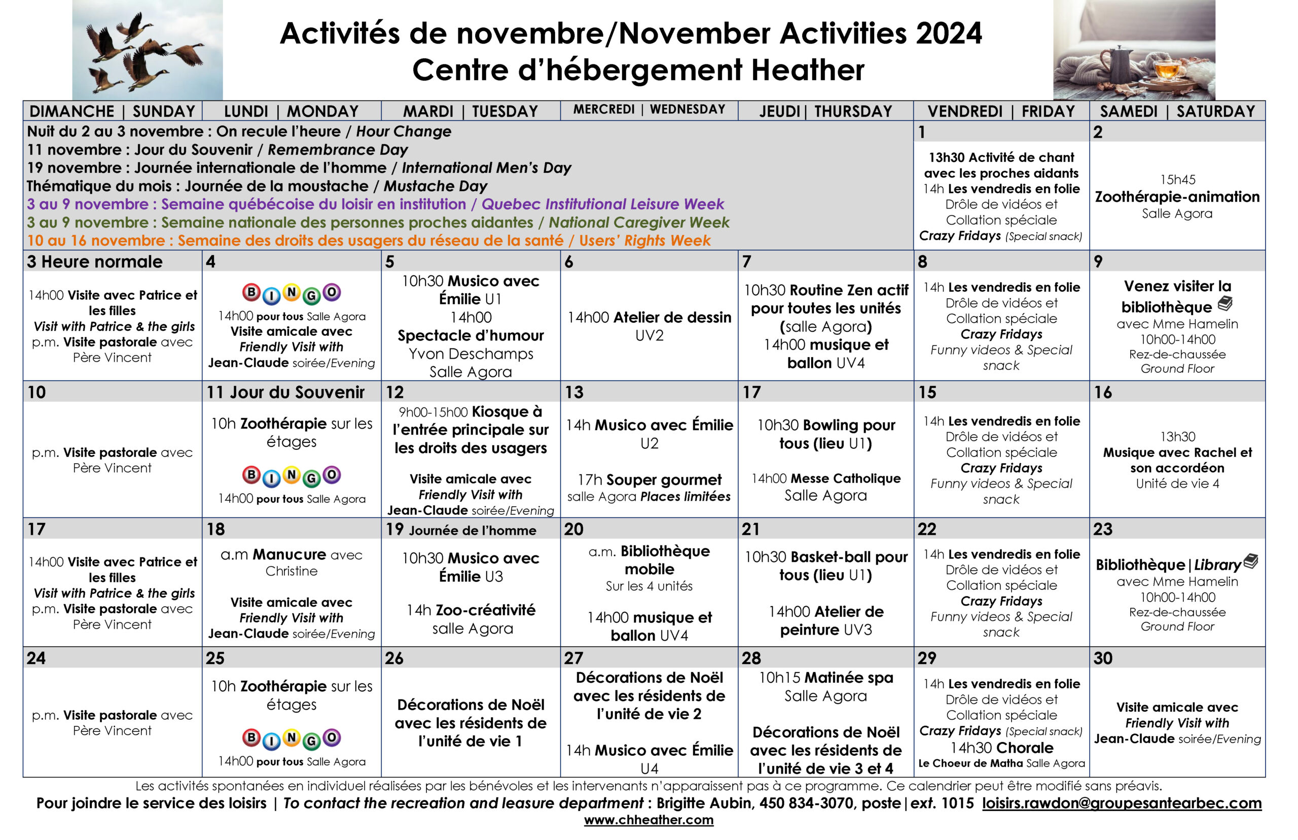 Calendrier des loisirs du mois de novembre 2024 pour les résidents du CHSLD Heather