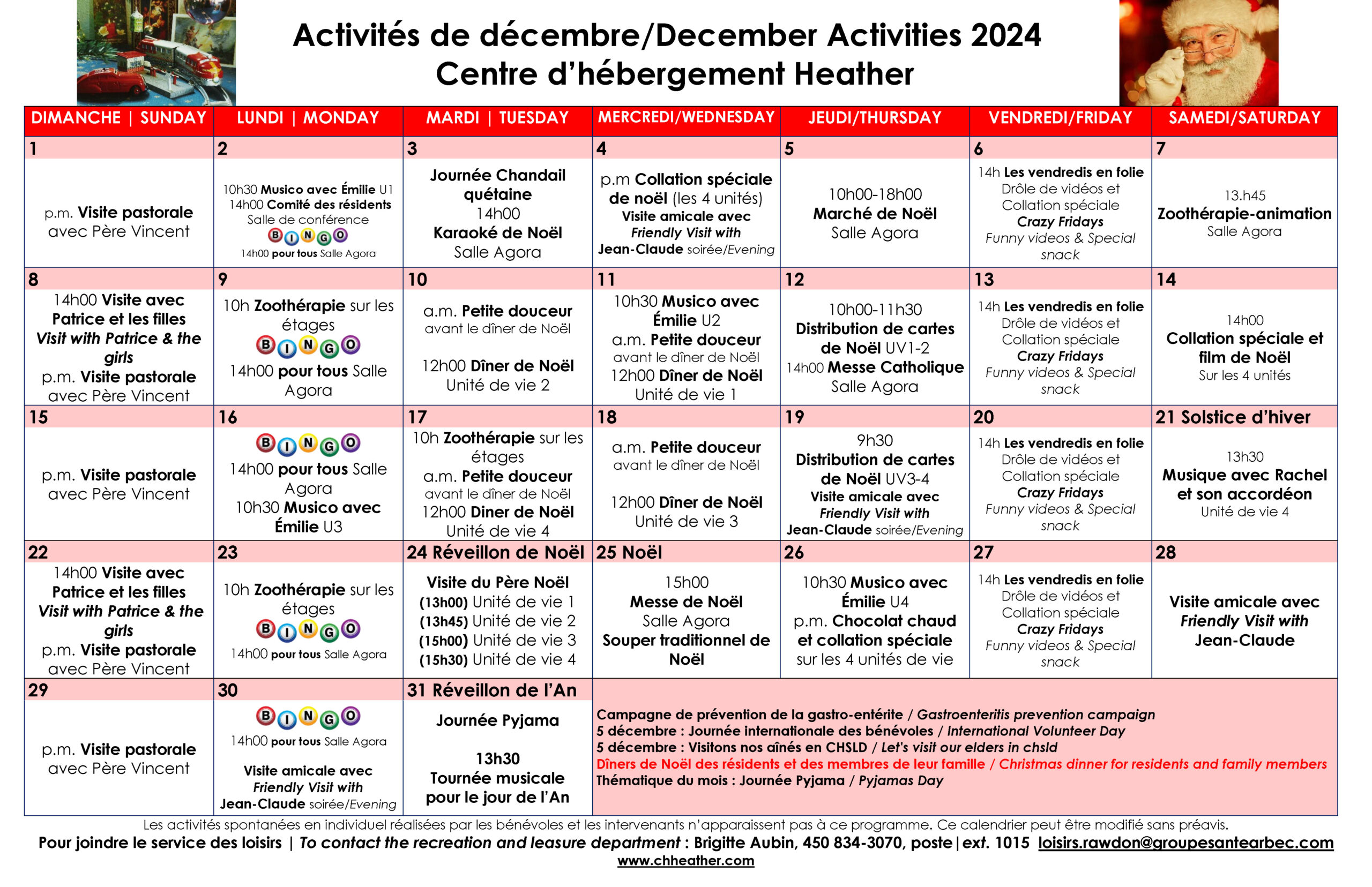 Calendrier des loisirs du mois de décembre 2024 pour les résidents du CHSLD Heather