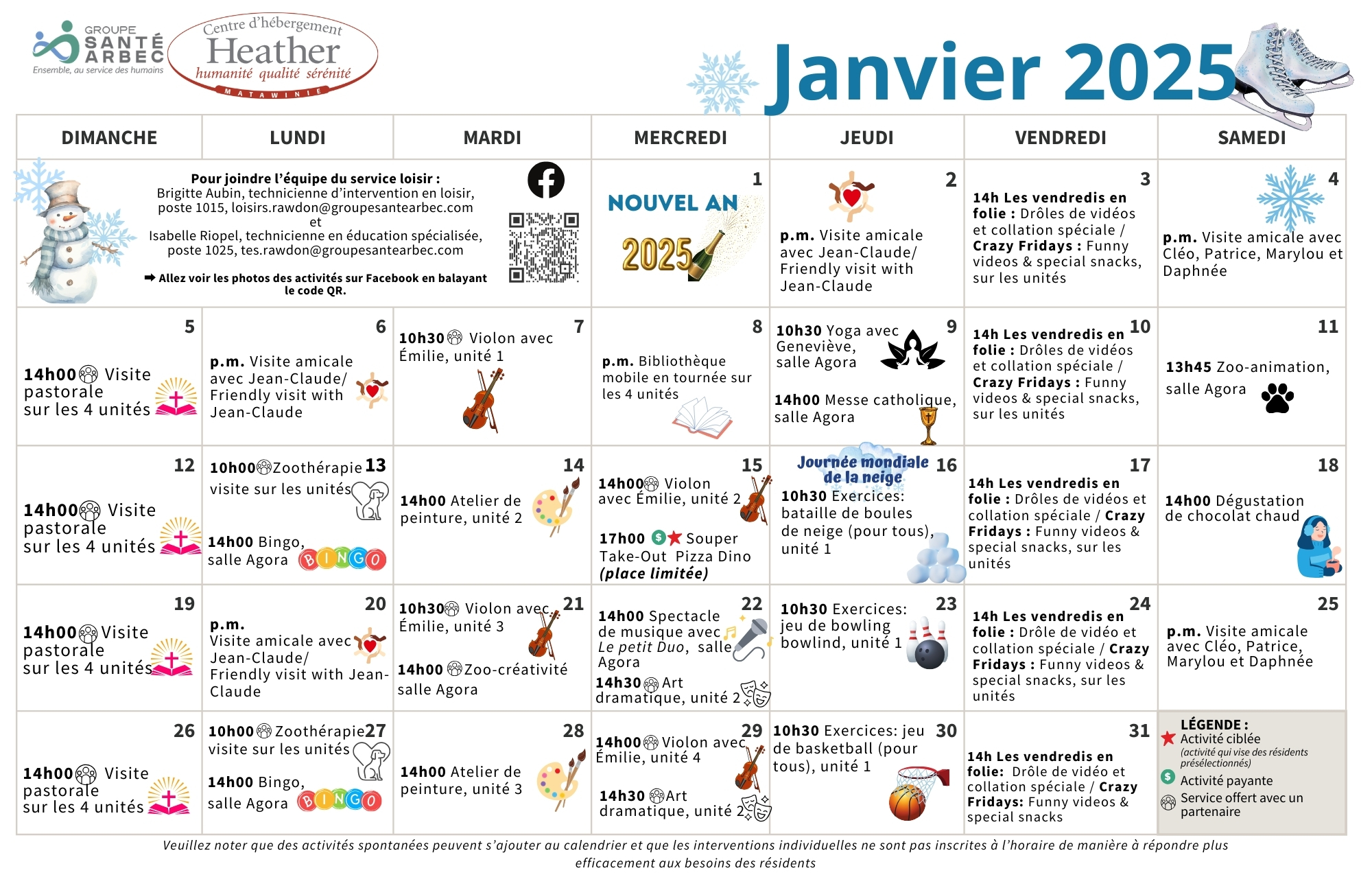 Calendrier des loisirs de janvier 2025 pour les résidents du CHSLD Heather