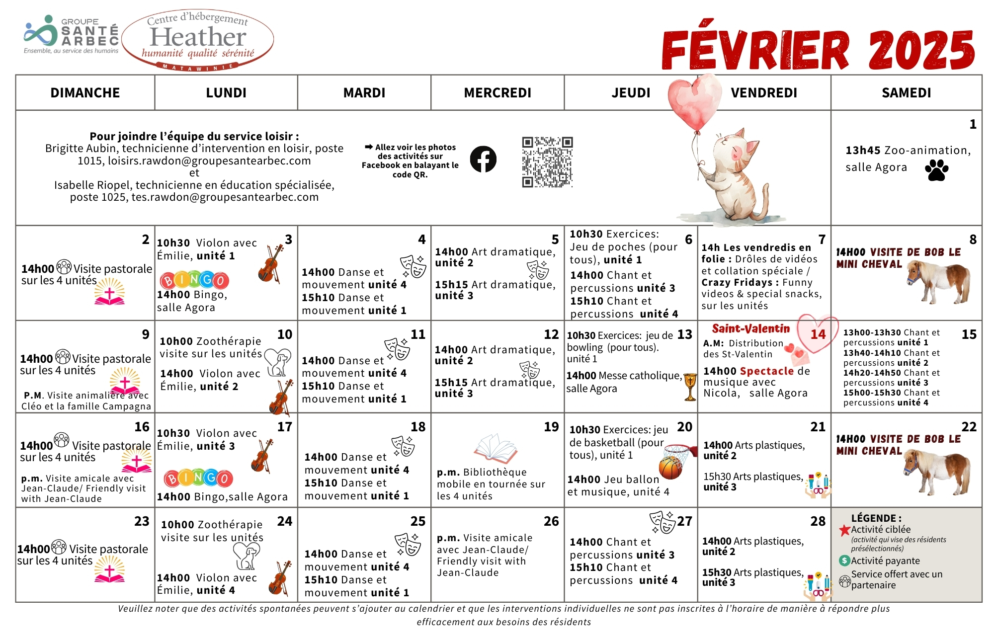 Calendrier des loisirs de février 2025 pour les résidents du CHSLD Heather