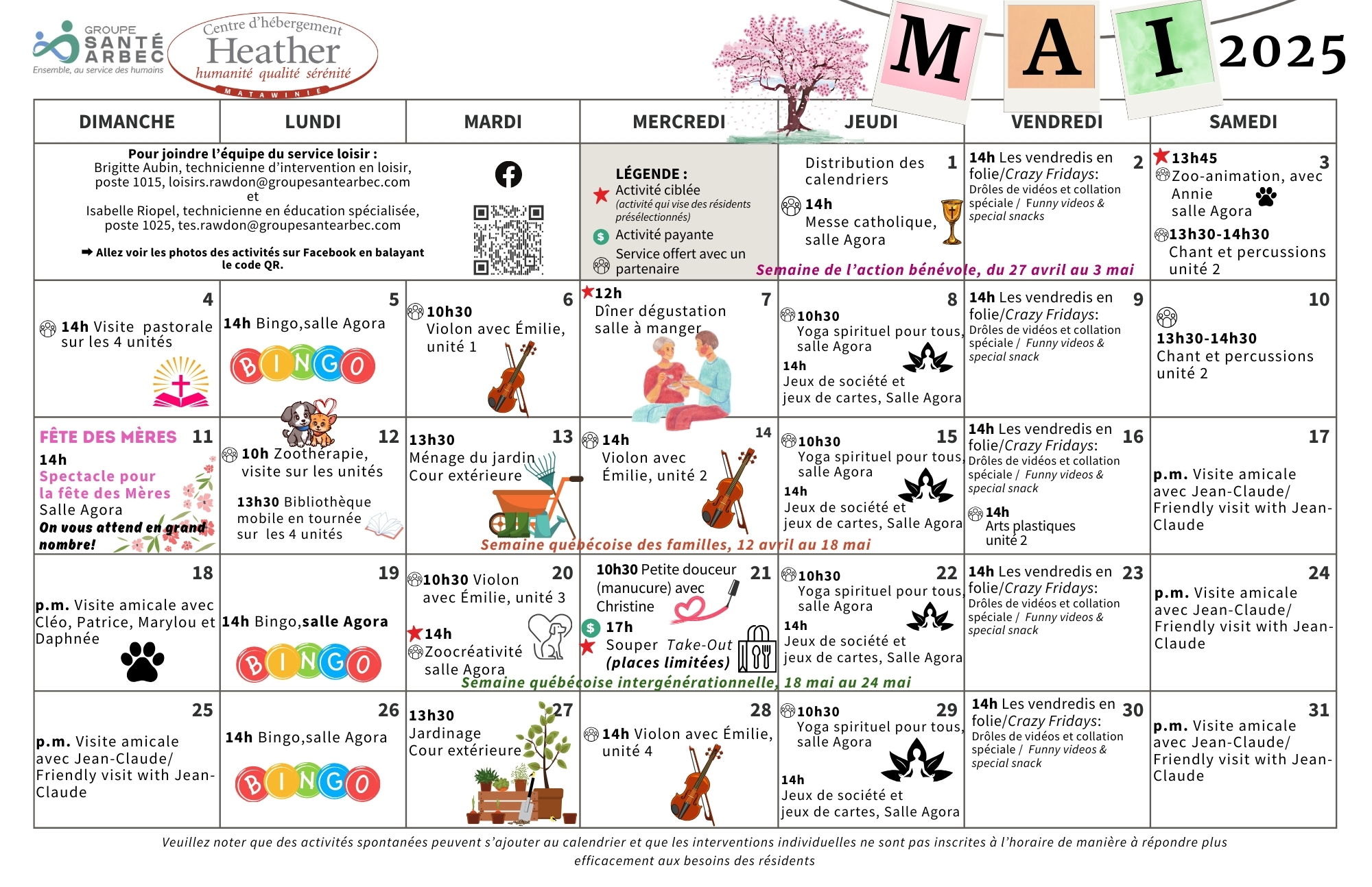 Calendrier des loisirs de mai 2025 pour les résidents du CHSLD Heather