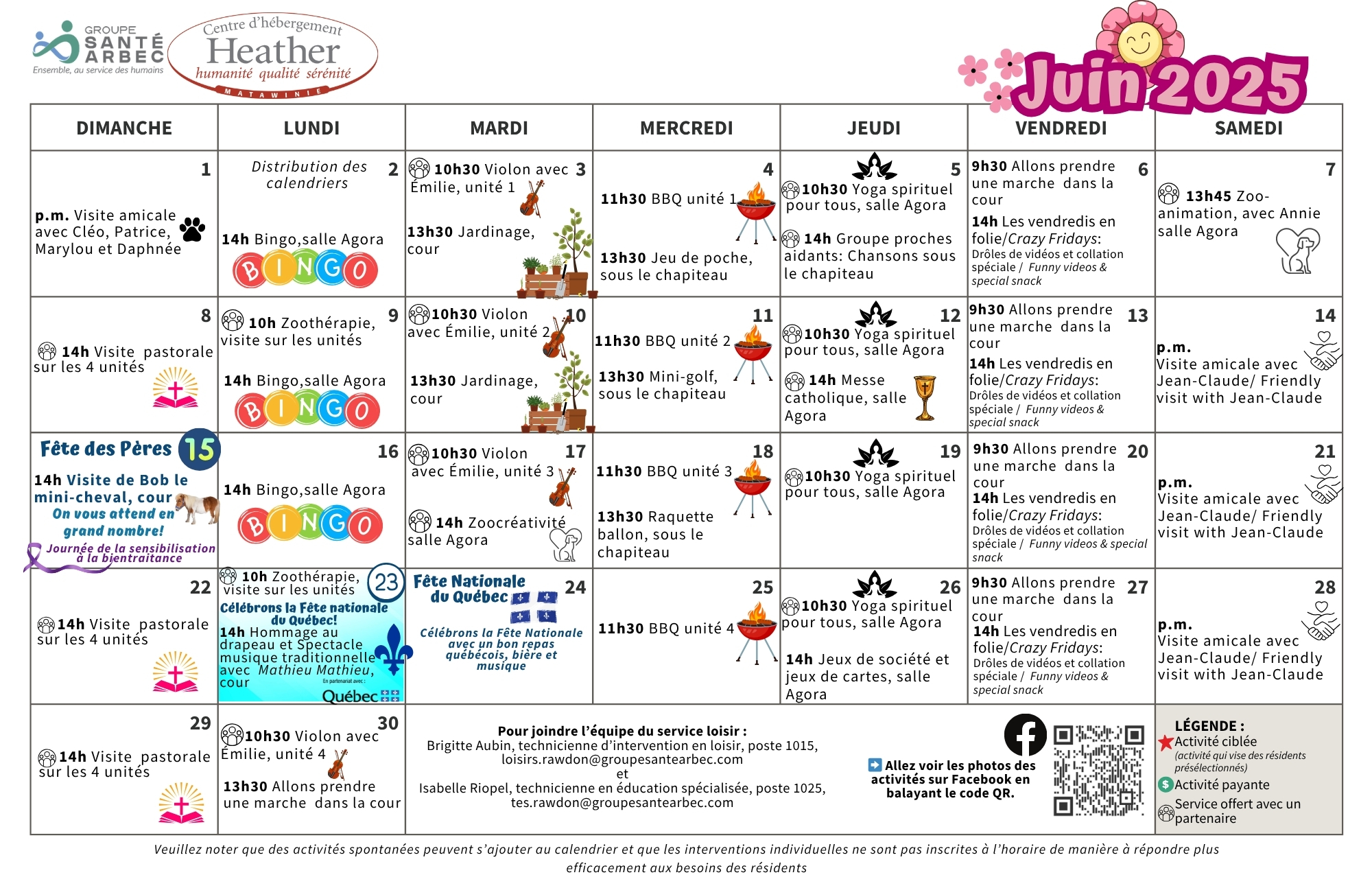 Calendrier des loisirs de juin 2025 pour les résidents du CHSLD Heather