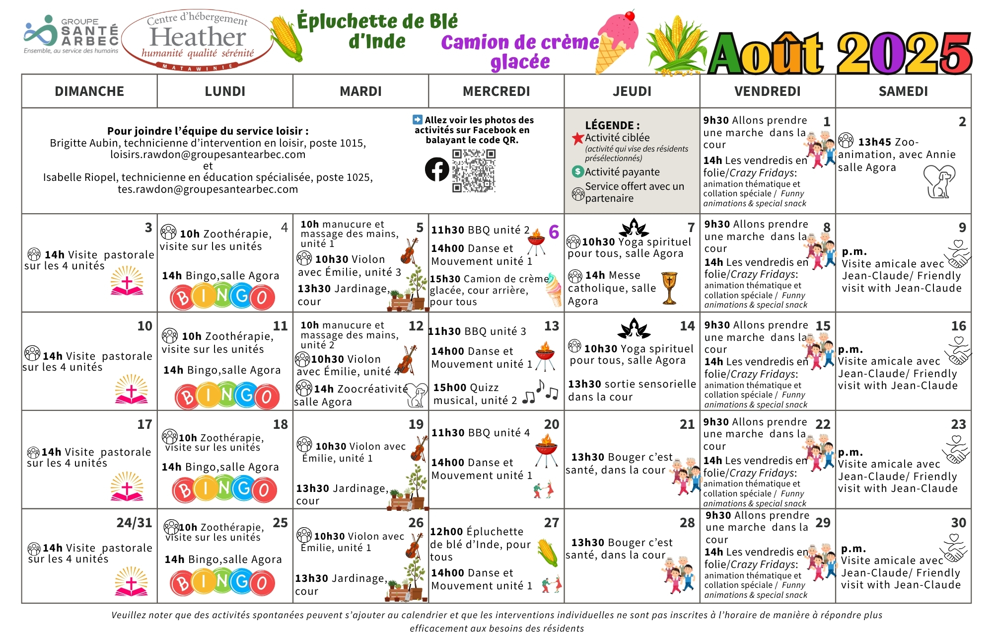 Calendrier des loisirs du mois d'août 2025 pour les résidents du CHSLD Heather