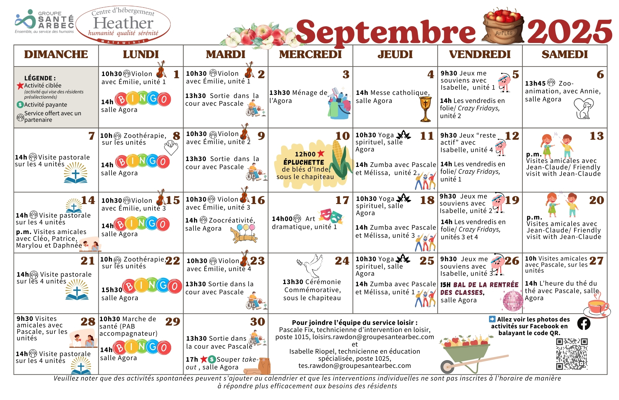 Calendrier des loisirs du mois de septembre 2025 pour les résidents du CHSLD Heather
