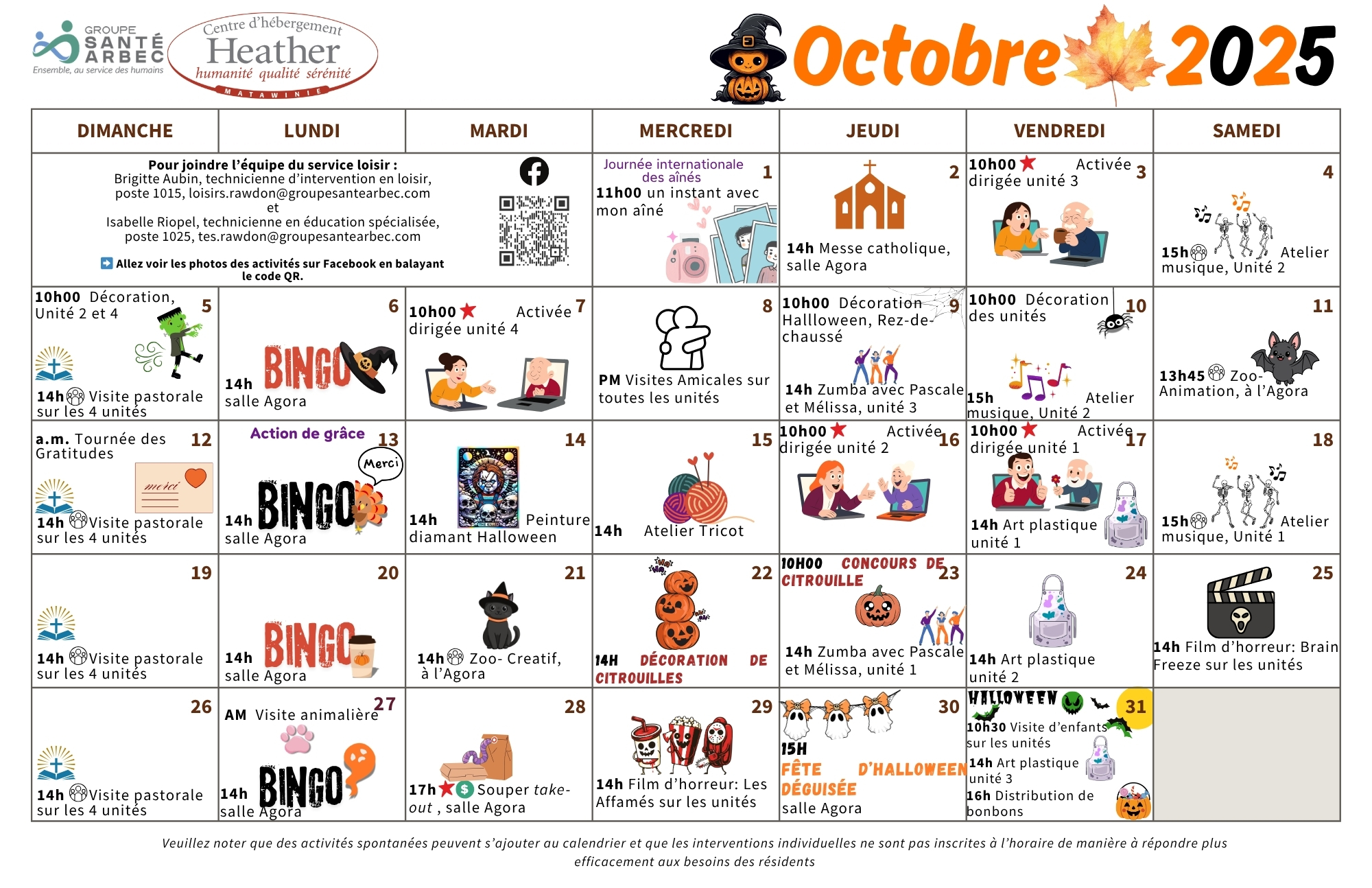 Calendrier des loisirs du mois d'octobre 2025 pour les résidents du CHSLD Heather