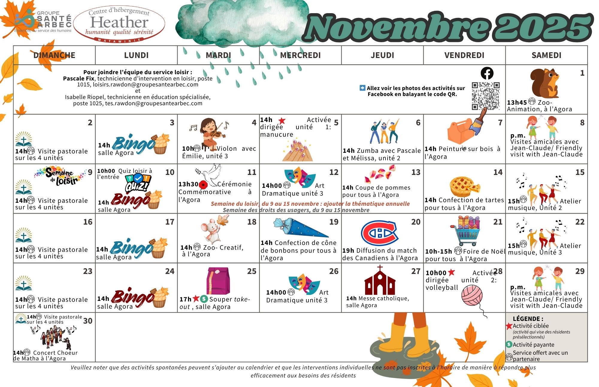 Calendrier des loisirs du mois de novembre 2025 pour les résidents du CHSLD Heather