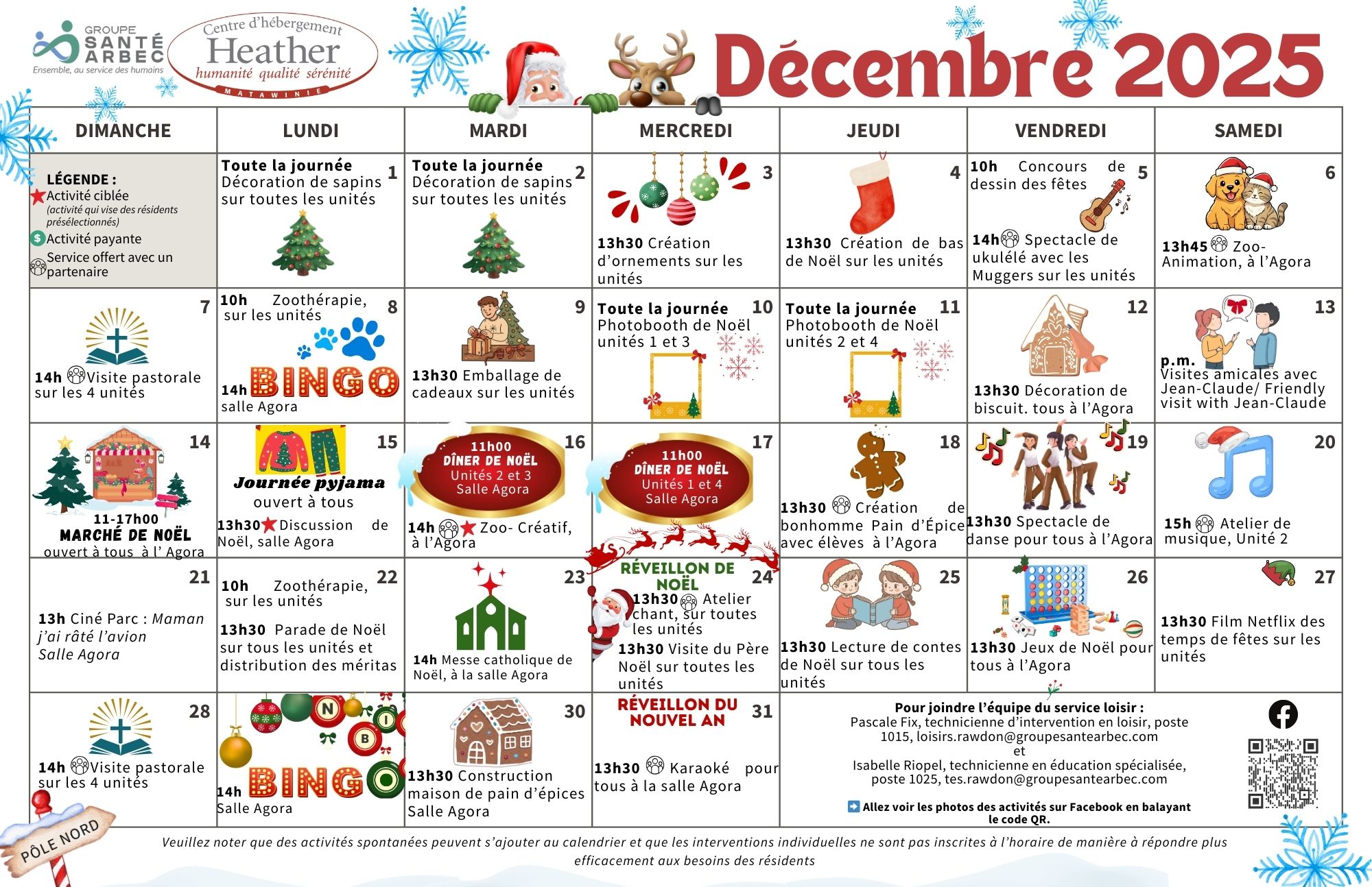 Calendrier des loisirs du mois de décembre 2025 pour les résidents du CHSLD Heather