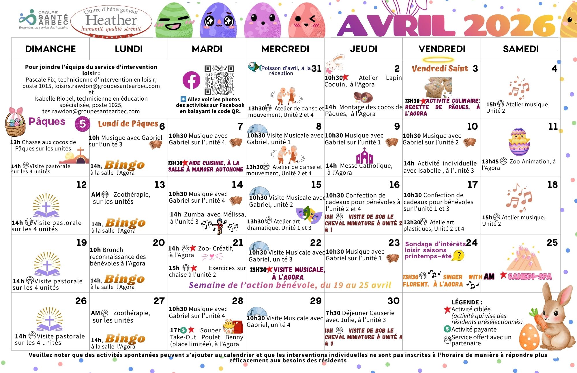 Calendrier des loisirs du mois d'avril 2026 pour les résidents du CHSLD Heather