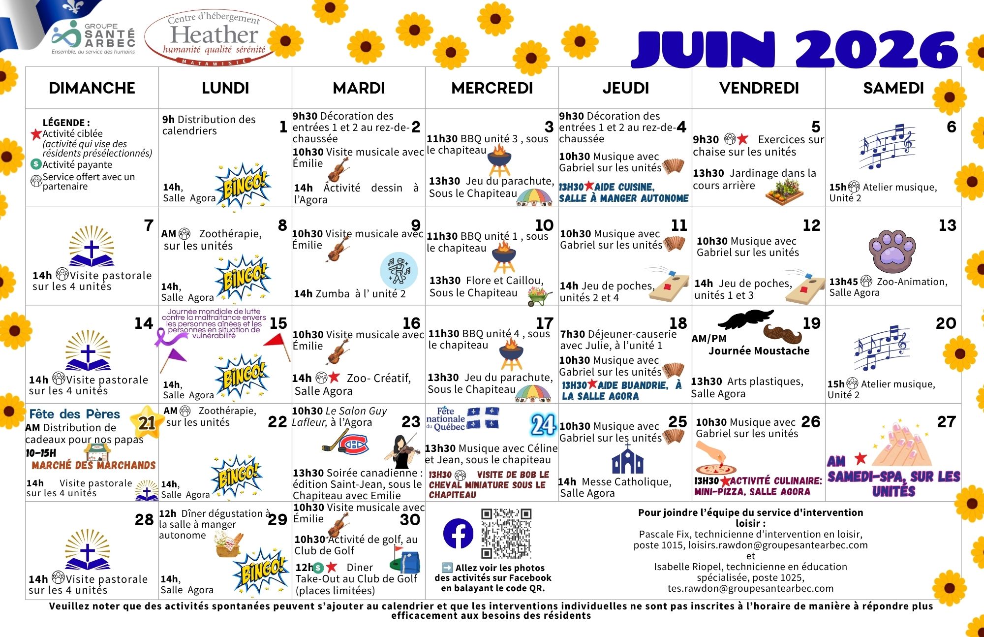 Calendrier des loisirs du mois de mai 2026 pour les résidents du CHSLD Heather