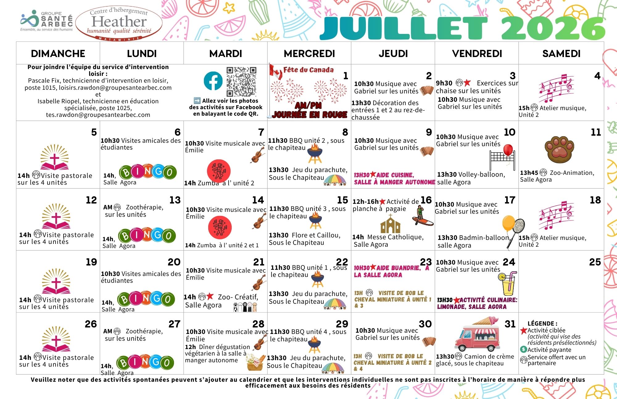 Calendrier des loisirs du mois de juillet 2026 pour les résidents du CHSLD Heather
