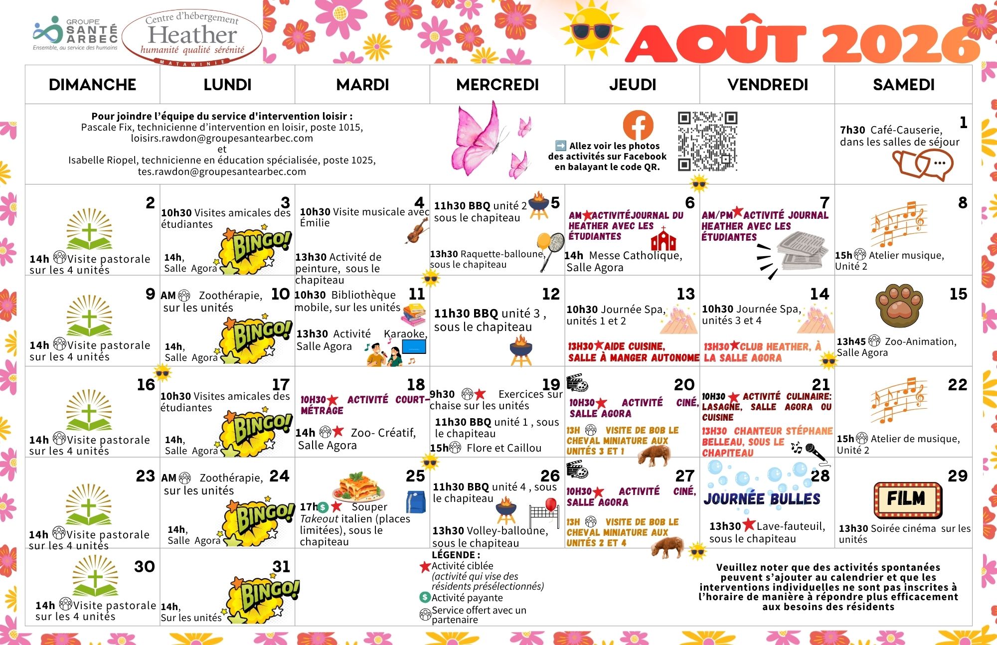 Calendrier des loisirs du mois d'août 2026 pour les résidents du CHSLD Heather