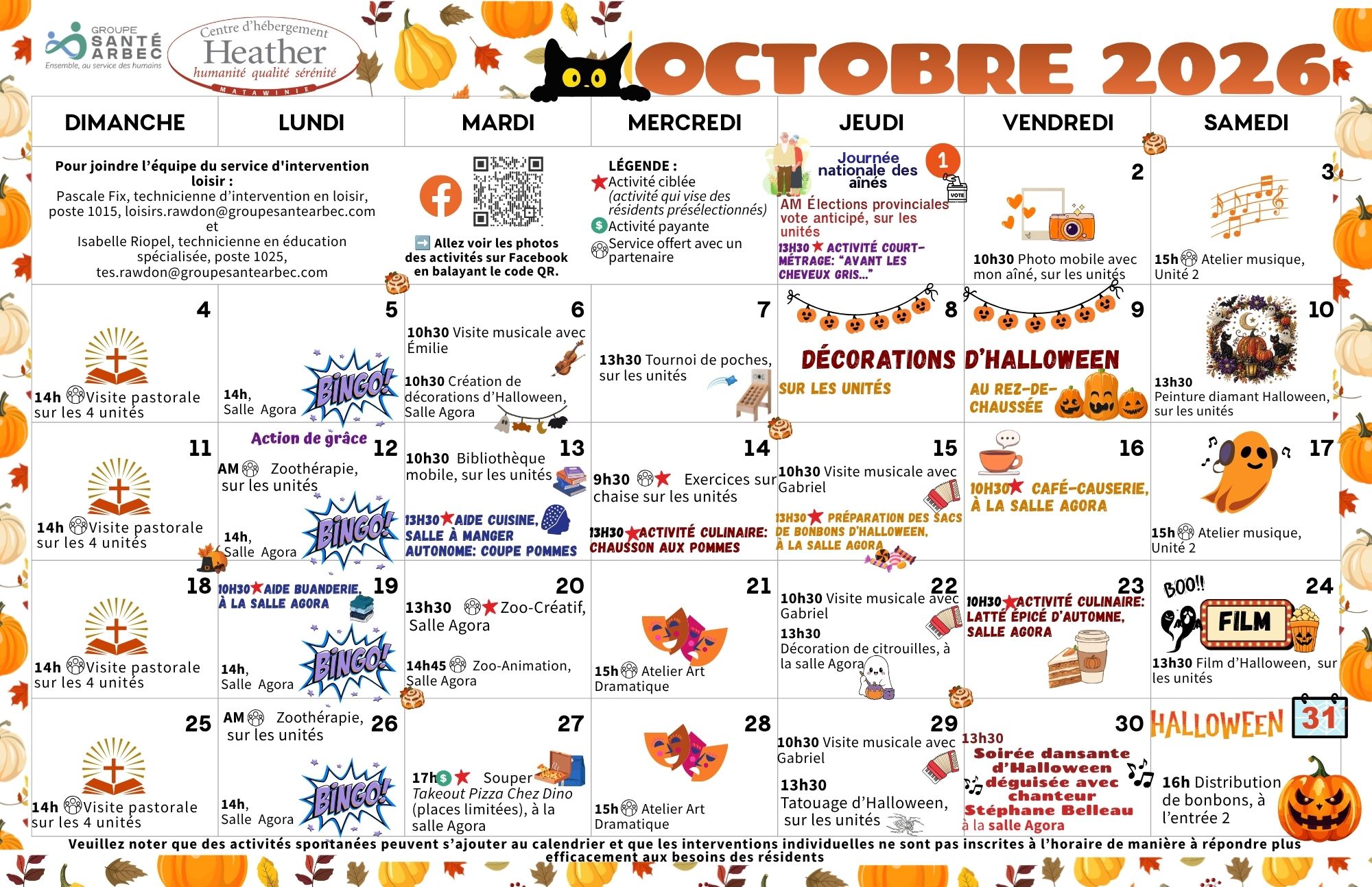 Calendrier des loisirs du mois d'octobre 2026 pour les résidents du CHSLD Heather