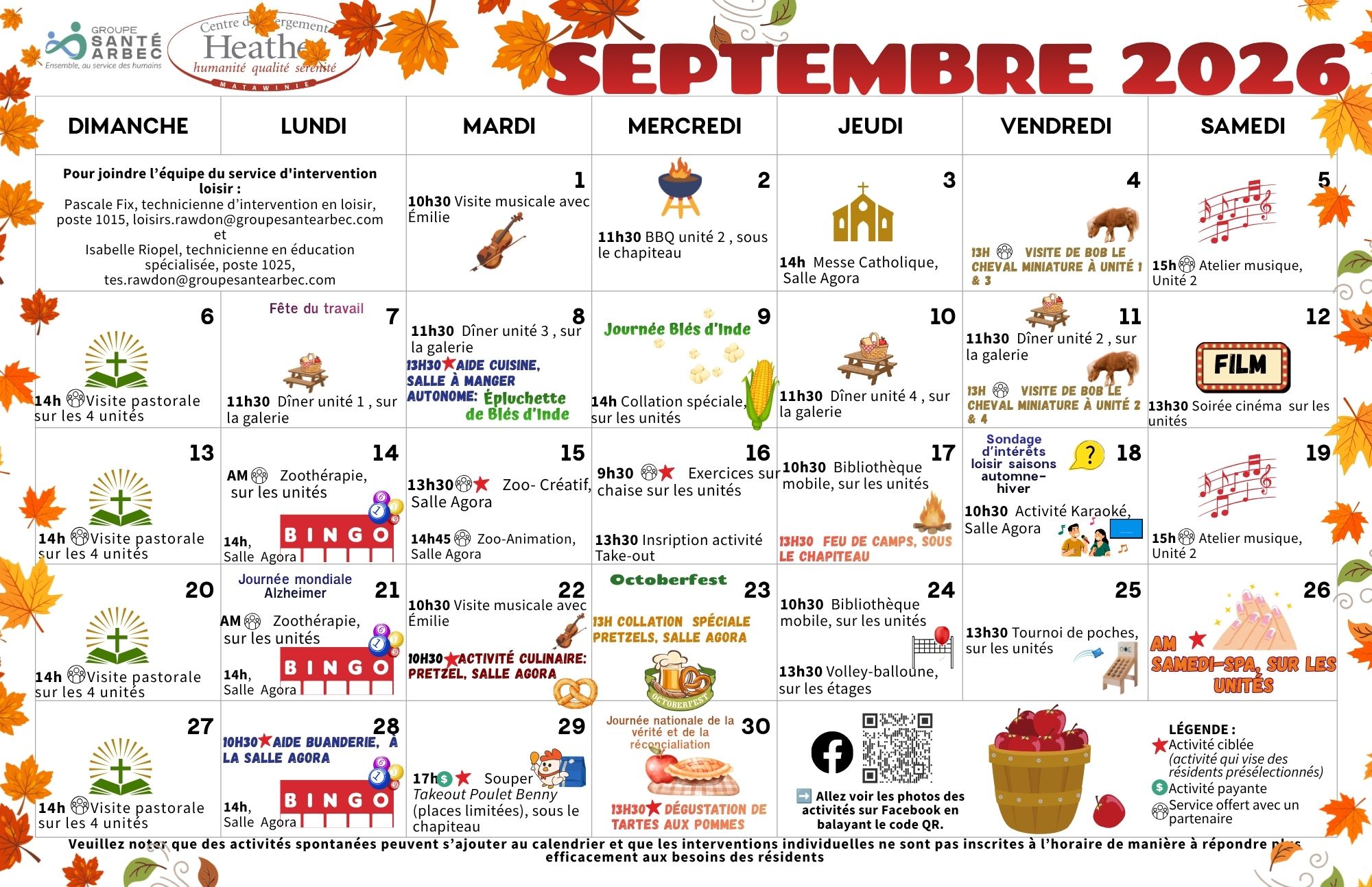 Calendrier des loisirs du mois de septembre 2026 pour les résidents du CHSLD Heather